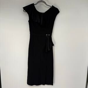 Stop Staring Ruffle Midi Sheath Dress Women's Size S Black Cap Sleeve Retro Glam